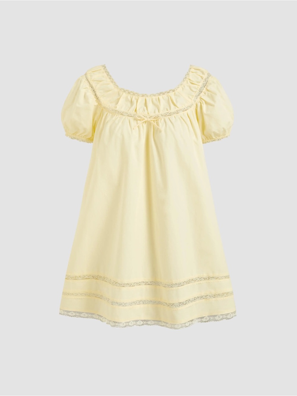 Cider Lace Trim Bowknot Puff Sleeve Mini Babydoll Dress